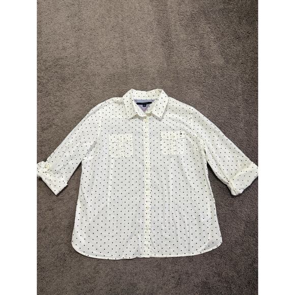 Tommy Hilfiger Women's Polka Dot Navy Ivory Size 2X Roll Tab Sleeve - Picture 1 of 10